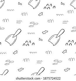 Doodle Shovel Garden sin inconvenientes. fondo dibujado a mano. Ilustración del vector