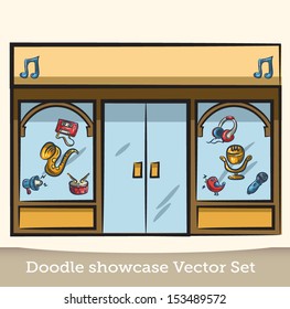 Doodle showcase music store vector set