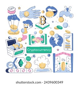 A doodle showcasing various elements of crypto investment and blockchain trends 
