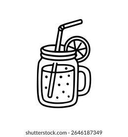 Doodle shows lemonade in a mason jar with a lemon slice. A straw is in the glass. The lemonade includes bubbles. It is a hand drawn style icon