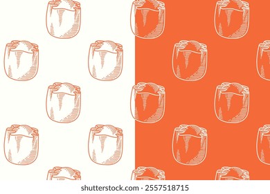 doodle shumai chinese dumpling seamless pattern on orange white background for print on packaging, merchandise.  retro siu mai dimsum pattern background. pattern of shumai dim sum vector background