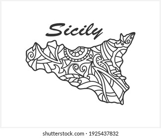 Doodle Sicily map. Eco design. Coloring page book. Hand drawing line art. Sketch vector stock illustration. EPS 10