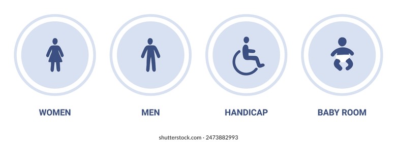 doodle sign silhouette of toilet icons. Toilet public sign symbol icon set. Restroom information Sign, washing room, bathroom. Man, woman, with physical disabilities in wheelchair. set of clip art WC