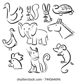 Doodle signs - Different animals and bird: swan, goose, elephant, cock, donkey, hare, rabbit, turtle, squirrel, mouse