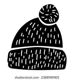 Doodle silhouette of bubo knitted headwear, element of winter festival cloth. Headgear accessory, holiday children outerwear. Simple black shape freehand vector icon isolated on white background