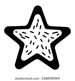 Doodle silhouette of gingerbread star shaped cookie, element of winter festival decoration. Gingerbread star winter symbol. Simple black shape freehand vector icon isolated on white background