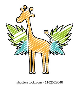 doodle silhouette giraffe with exotic leaves reserve