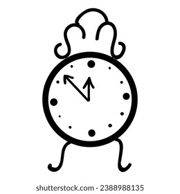 Doodle silhouette of holiday alarm clock, element of winter festival decoration. Countdown to New Year winter symbol. Simple black shape freehand vector icon isolated on white background