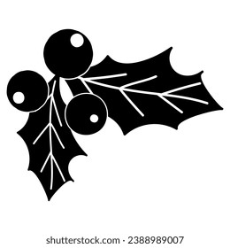 Doodle silhouette of holly berry with leaves, element of winter festival decoration. Holly berry, winter symbol. Simple black shape freehand vector icon isolated on white background