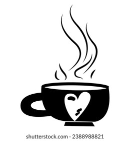 Doodle silhouette of hot cocoa cup, element of winter festival diner. Coffee cup winter beverage. Simple black shape freehand vector icon isolated on white background