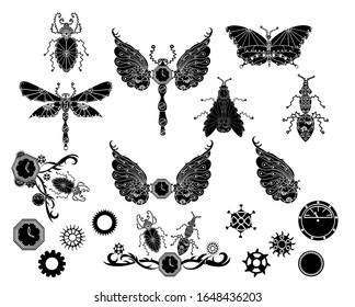 Doodle silhouette insect clipart in steampunk style for print