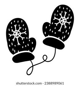 Doodle silhouette of knitted children mitten, element of winter festival decoration. Children mitten winter symbol. Simple black shape freehand vector icon isolated on white background