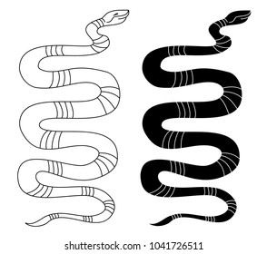 doodle and silhouette lovely snake vector isolate on white background.Lampropeltis triangulum vector.Sticker and hand drawn snake for tattoo.Red snake Reptile on white background.