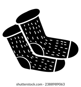 Doodle silhouette pair of warm wool socks, element of winter festival decoration. Wool socks winter symbol. Simple black shape freehand vector icon isolated on white background