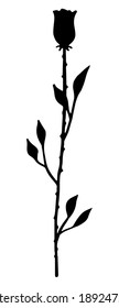Doodle de silueta de rosa con tallo y hojas. Ilustración vectorial dibujada a mano. Esbozo botánico aislado en fondo blanco. Dibujo negro para diseño, impresión, postal, pegatina, decoración.
