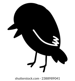 Doodle silhouette of ruffled fluffy sparrow bird, element of winter festival decoration. Tit feathered inhabitants, winter forest dweller. Simple black shape freehand vector icon isolated on white