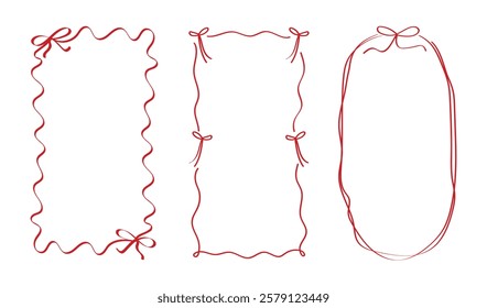 Doodle silhouette of wavy frames with bow. Set of hand drawn simple border with ribbons. Vector line art decorations.