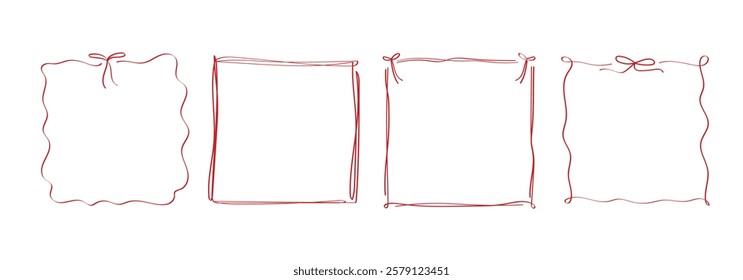 Doodle silhouette of wavy frames with bow. Set of hand drawn simple border with ribbons. Vector line art decorations.
