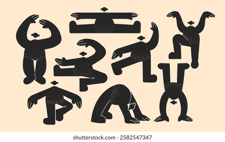 Doodle silhouettes of creatures. Abstract shapes of people characters in cartoon caricature style of blots. Vector shapes of different figures in disproportionate poses.