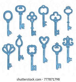 Doodle silver keys icons vector set