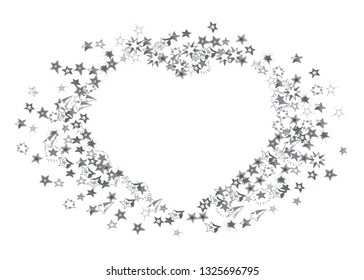 Doodle silver stars frame on white background. Flying star glitter cosmic decoration backdrop. Scattered stars confetti vector illustration for prints, ads, invitations, postcards