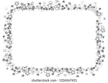 Doodle silver stars frame on white background. Flying star glitter cosmic decoration backdrop. Scattered stars confetti vector illustration for prints, ads, invitations, postcards