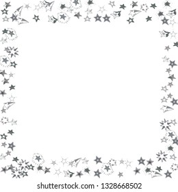 Doodle silver stars frame on white background. Flying star glitter cosmic decoration backdrop. Scattered stars confetti vector illustration for prints, ads, invitations, postcards