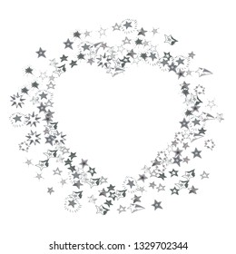 Doodle silver stars frame on white background. Flying star glitter cosmic decoration backdrop. Scattered stars confetti vector illustration for prints, ads, invitations, postcards
