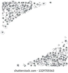Doodle silver stars frame on white background. Flying star glitter cosmic decoration backdrop. Scattered stars confetti vector illustration for prints, ads, invitations, postcards