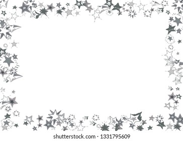Doodle silver stars frame on white background. Flying star glitter cosmic decoration backdrop. Scattered stars confetti vector illustration for prints, ads, invitations, postcards