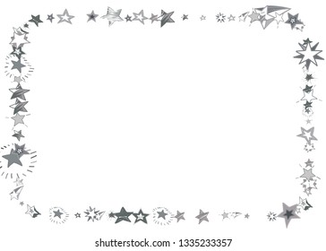 Doodle silver stars frame on white background. Flying star glitter cosmic decoration backdrop. Scattered stars confetti vector illustration for prints, ads, invitations, postcards
