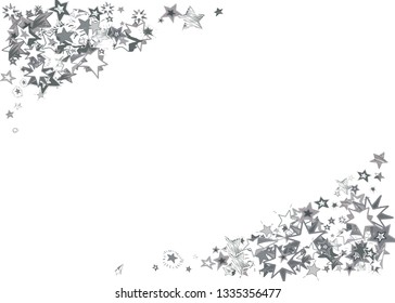Doodle silver stars frame on white background. Flying star glitter cosmic decoration backdrop. Scattered stars confetti vector illustration for prints, ads, invitations, postcards