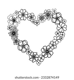 Doodle simple abstract flower heart frame for Valentines day. Black and white vector illustration for laser cut, card or invite design