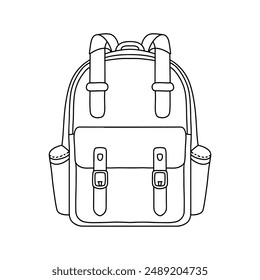 Doodle simple backpack illustration. Education background outline Study design. Back to school concept. Hand drawn Camping bag. For card, web, coloring book, packaging. Vector line illustration.