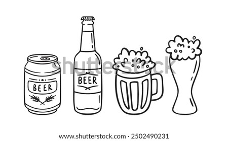 Doodle simple beer mug or cup outline simple style. Hand drawn icon. Bottle of beer, mug of beer. Vector illustration