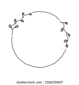Doodle simple circle frame with elegant leaves, twig and floral element. Vector isolated clip art on white background. Hand drawn floral wreaths.