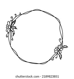 Doodle simple circle frame with elegant leaves, twig and floral element. Vector isolated clip art on white background. Hand drawn floral wreaths.