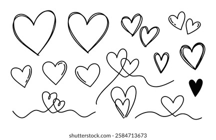 Doodle simple different hearts set, romantiс love linear elements for Valentine's Day projects. Handdrawn vector black hearts on white background. For cute prints, social media, and romantic designs.