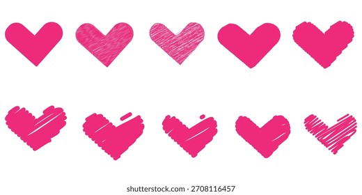Doodle simple conjunto de diferentes corazones. Colección de icono de corazones dibujados a mano. Conjunto de garabatos de corazón. Colección de garabatos de corazón dibujados a mano en diferentes estilos