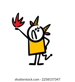 Doodle simple drawn stick figure devil with big horns holds a fire in his raised hand and gets angry. Vector illustration of halloween stickman in doodle stile.