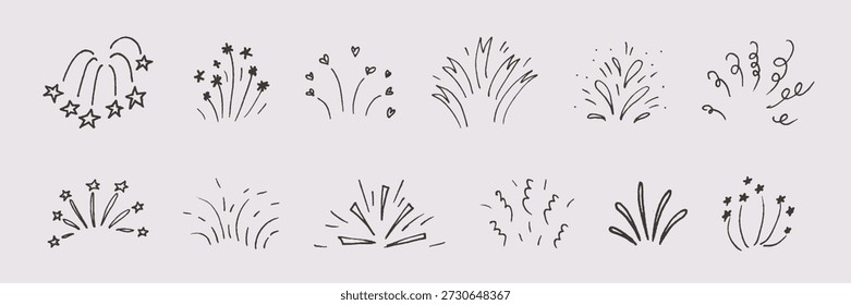 Doodle einfache Feuerwerk Sammlung. Sterne, Funken, Blitze, Explosionen