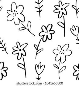 Doodle simple flower sketch seamless pattern for nursery. Cartoon vector illustration. Cute graphic background. Print for kids. Scandinavian design for little baby room.