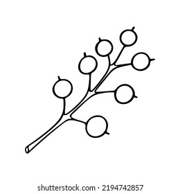 Doodle of simple leafless branch with round berries. Hand drawn vector illustration of winter plant isolated on white background.