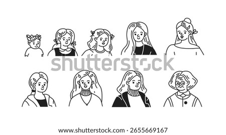 Doodle. Simple line art illustration of diverse female characters. Each character displays different hairstyles, expressions, and ages. Ideal for representation in educational material.