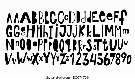 Doodle simple primitive kids alphabet, vector hand drawn letters elements. For kids books, posters, postcard typography