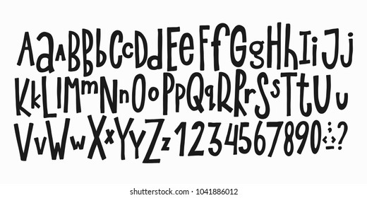 Doodle simple primitive kids alphabet, vector hand drawn letters elements. For kids books, posters, postcard typography