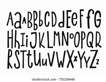 Doodle simple primitive kids alphabet, vector hand drawn letters elements. For kids books, posters, postcard typography