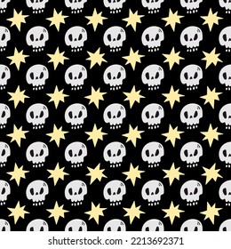 Doodle simple style Halloween seamless pattern with flat skulls and stars on black background
