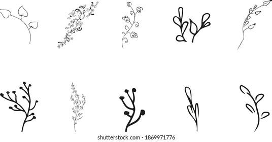Doodle simple vector collection of 10 hand-drawn floral elements. Big collection of 10 hand-drawn branches. Big floral botanical set. Isolated on white background.