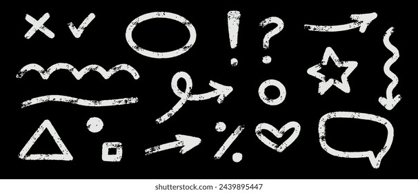 Doodle simple vector element set. Hand drawn crayon star, arrows, heart, wave. Grunge texture brush modern effect isolated on black background.